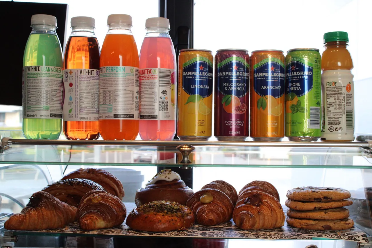 VitHit bottles, San Pellegrino cans and pastries in the truck